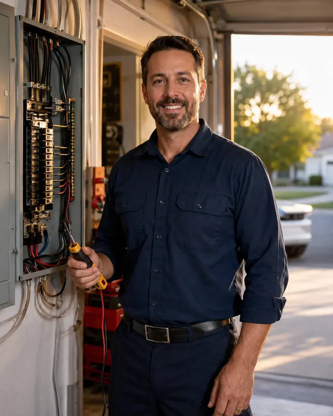 Electrician at a panel, smiling at camera