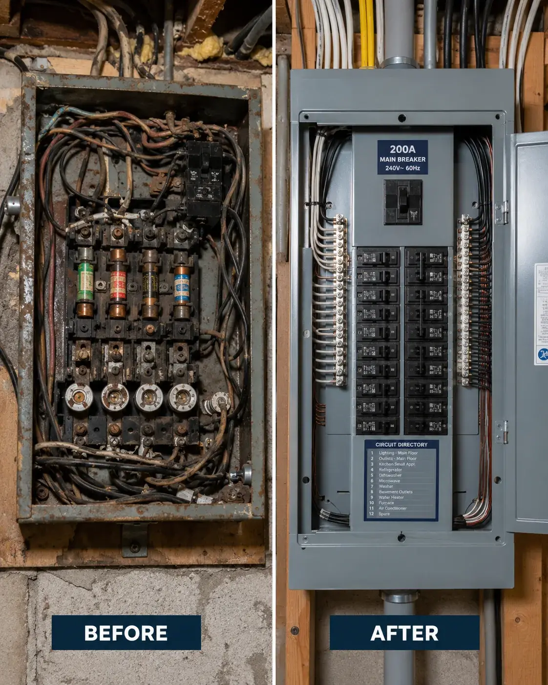 Before/after: old fuse box vs. new labeled panel