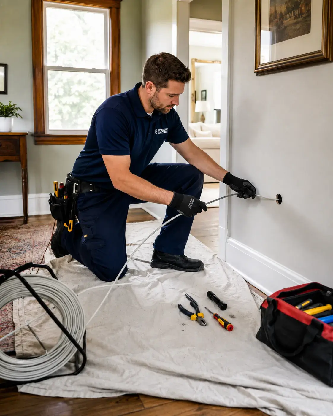 Electrician fishing cable through a finished wall